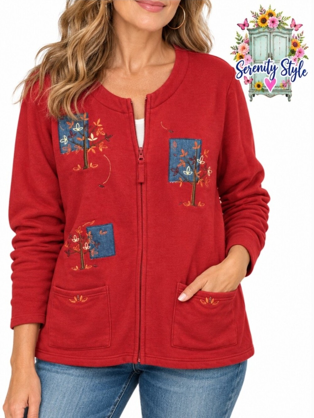 Breckenridge Women’s Large Red Embroidered Tree Full Zip Jacket Cottagecore Fall